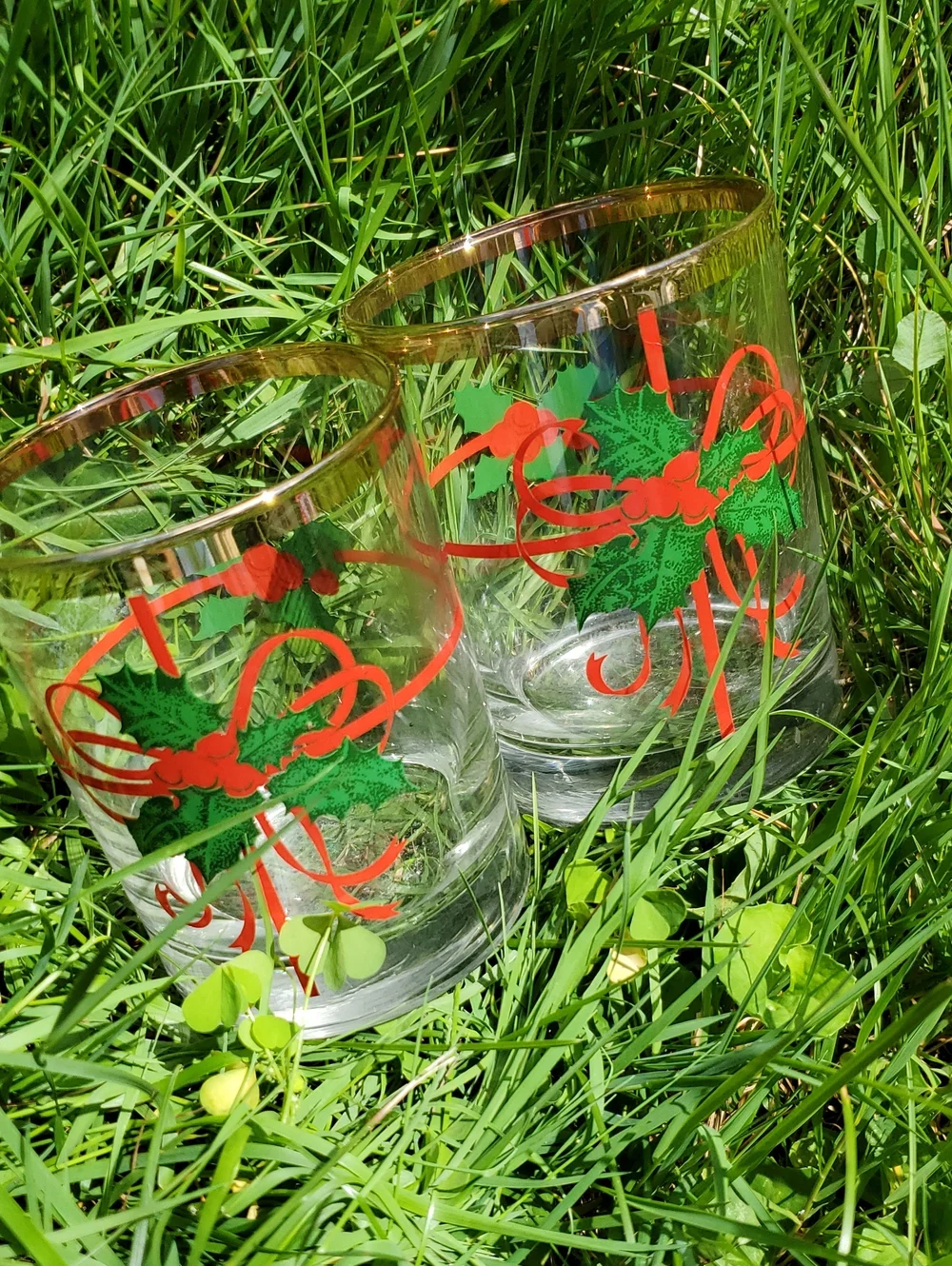 MCM Vintage Holiday Holly Ribbon Pattern Glass Double Old Fashioned Tumblers - 2